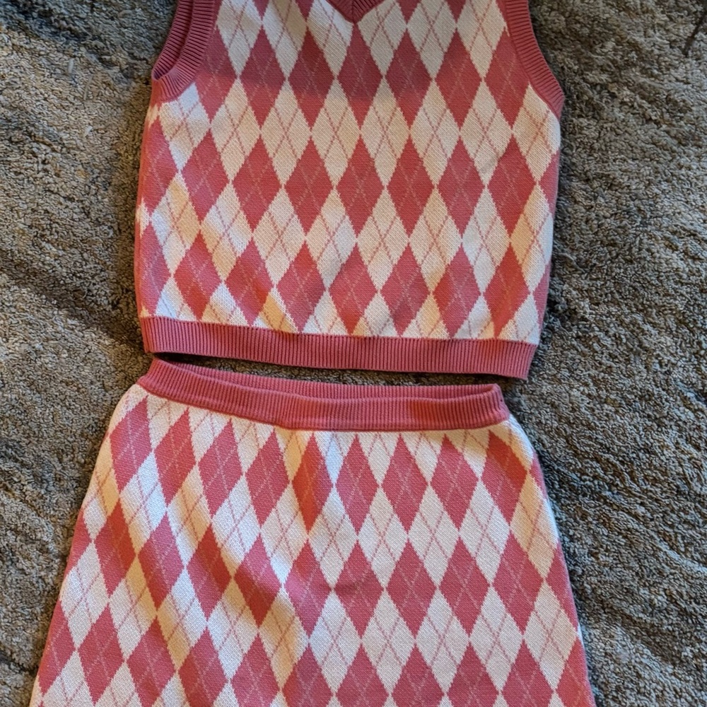 Pink and White Argyle Knit Set